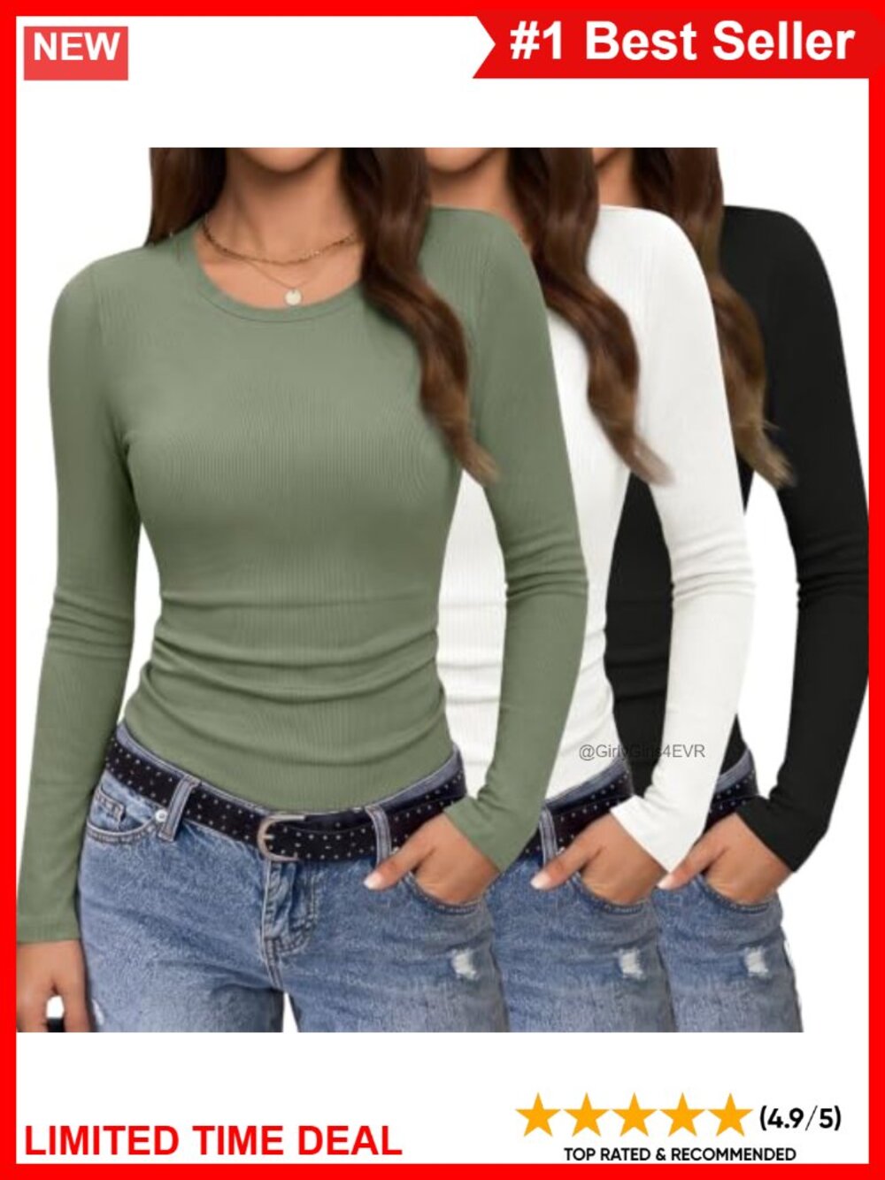 3 Pack Womens Long Sleeve Ribbed Shirts Slim Fit Crew Neck Layering Tops
